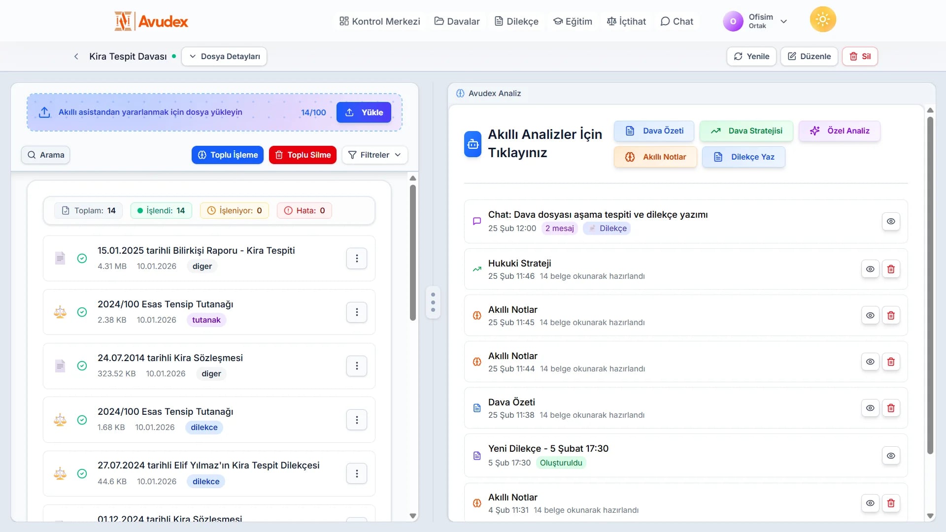 Avudex dava dosyası yönetimi: belge yükleme, AI analiz ve akıllı notlar ekranı