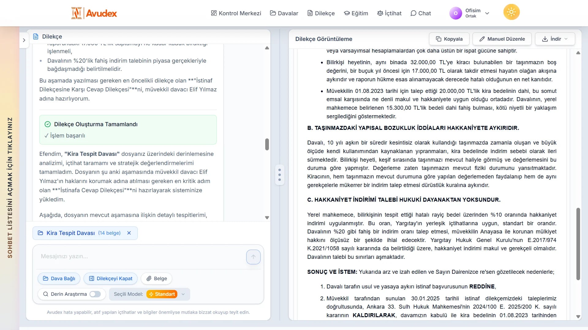 Avudex AI chat ile dilekçe oluşturma ve düzenleme: sohbet ve canlı dilekçe önizleme ekranı