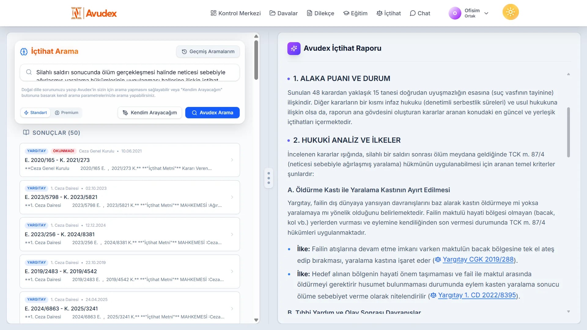 Avudex içtihat arama: Yargıtay, Danıştay ve AYM kararları ile detaylı içtihat raporu ekranı